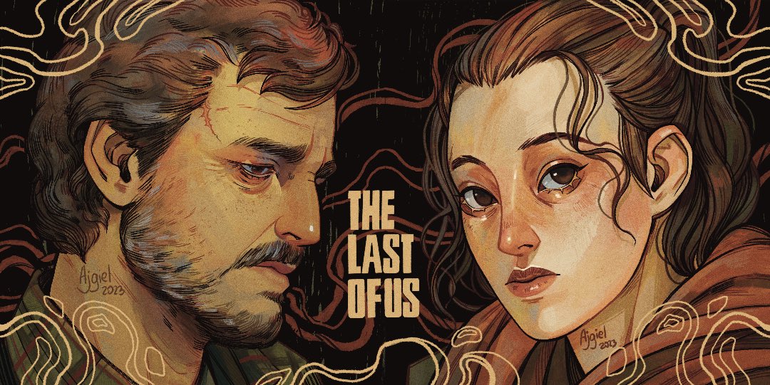 1boy 1girl ajgiel bags_under_eyes black_background brown_eyes brown_hair ellie_(the_last_of_us) facial_hair freckles green_shirt hair_between_eyes hood hoodie joel_(the_last_of_us) long_hair looking_at_another looking_at_viewer ponytail portrait red_hoodie scar shirt short_hair signature the_last_of_us the_last_of_us_(series) title