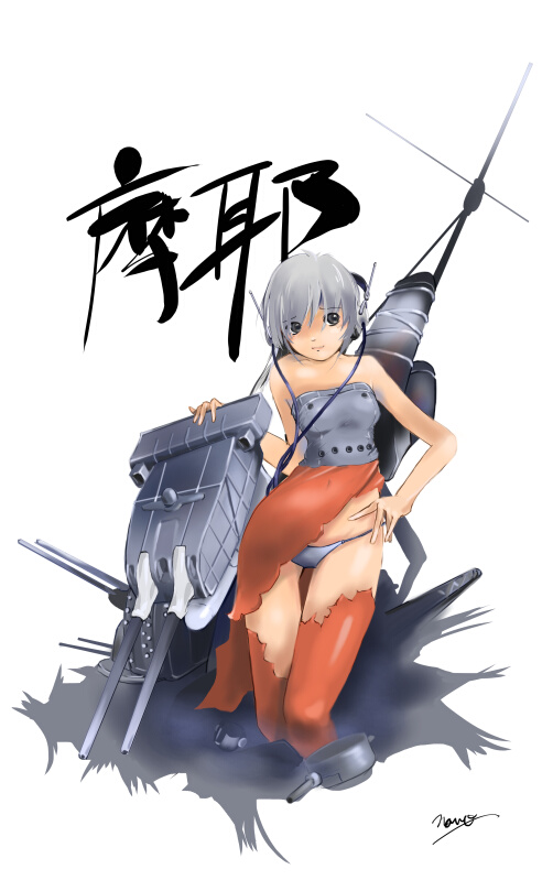 1girl bare_shoulders character_name chimney cruiser female_focus funnel_(tool) grey_hair gun headset mecha_musume military military_vehicle nano_(nanosize) original personification ship ship_turret short_hair signature solo warship watercraft weapon world_war_ii