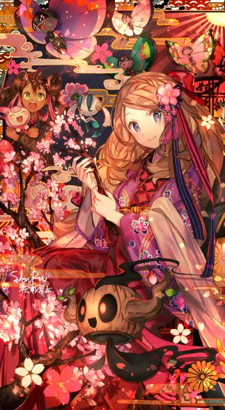 2girls :o brown_hair dark-skinned_female dark_skin floette flower gen_3_pokemon gen_6_pokemon green_eyes grey_eyes hair_flower hair_ornament hair_ribbon japanese_clothes kimono long_hair looking_at_viewer multiple_girls naru_(andante) nintendo parted_bangs phantump pink_flower pokemon pokemon_(creature) pokemon_xy red_kimono ribbon serena_(pokemon) shauna_(pokemon) skitty striped_ribbon vivillon vivillon_(elegant) vivillon_(fancy) vivillon_(garden) vivillon_(meadow)