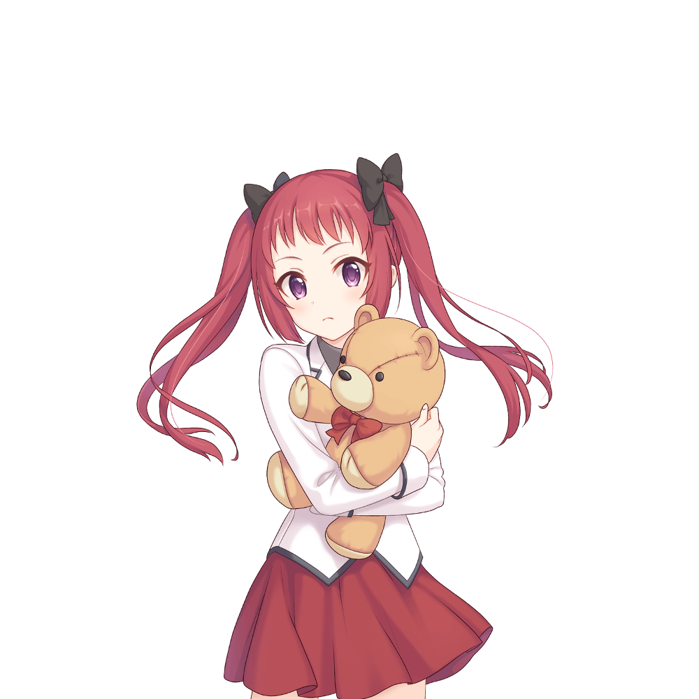 1girl ayane_(princess_connect!) ayane_(real)_(princess_connect!) bow hair_bow jacket long_hair official_art princess_connect! purple_eyes red_hair red_skirt skirt stuffed_animal stuffed_toy tachi-e teddy_bear transparent_background twintails white_jacket