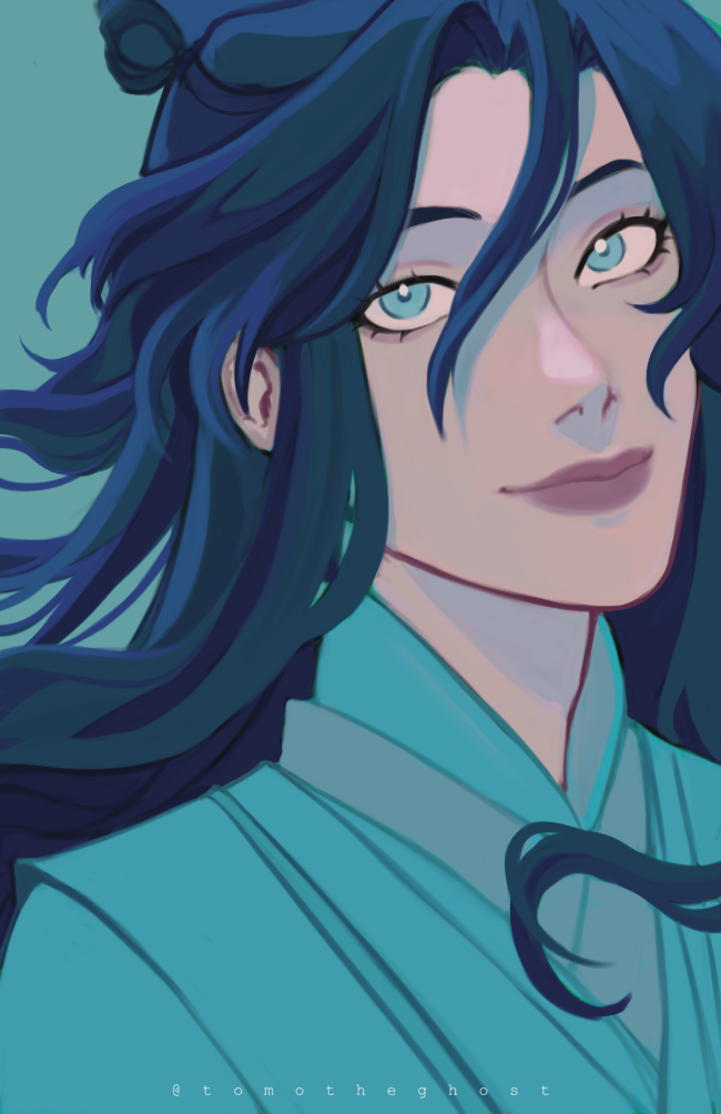 1boy aqua_background aqua_eyes aqua_hanfu aqua_theme artist_name bishounen blue_hair blue_pupils bright_pupils chinese_clothes closed_mouth commentary english_commentary hair_between_eyes hair_bun hanfu long_hair looking_at_viewer male_focus portrait shi_qingxuan simple_background single_hair_bun smile solo tianguan_cifu tomomoke wind