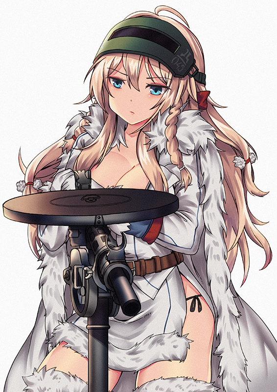 1girl ahoge ballistic_face_mask ballistic_face_shield belt blonde_hair blue_eyes braid braided_bangs breasts brown_belt cleavage cosplay covered_eyes degtyaryov_machine_gun dp-27 dp28_(girls&#039;_frontline) drum_magazine fur fur_collar fur_trim girls&#039;_frontline gun hair_ribbon hand_on_weapon helmet helmet_over_eyes high-capacity_magazine large_breasts light_machine_gun long_hair looking_at_viewer machine_gun magazine_(weapon) maska pan_magazine persocon93 rainbow_six_siege red_ribbon ribbon side_braid solo tachanka_(rainbow_six_siege) tachanka_(rainbow_six_siege)_(cosplay) visor visor_(armor) weapon white_background