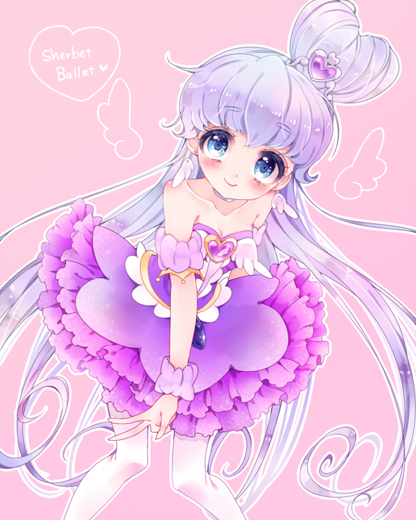 10s 1girl ballerina bare_shoulders blue_eyes blue_hair brooch collarbone cowboy_shot cure_princess cure_princess_(sherbet_ballet) earrings eyebrows female_focus frilled_skirt frills hair_bun happinesscharge_precure! heart heart_brooch heart_hair_bun jewelry long_hair looking_at_viewer magical_girl matching_hair/eyes pantyhose precure purple_background purple_skirt shirayuki_hime single_hair_bun skirt smile solo uzuki_aki v white_pantyhose wing_brooch wing_earrings wrist_cuffs