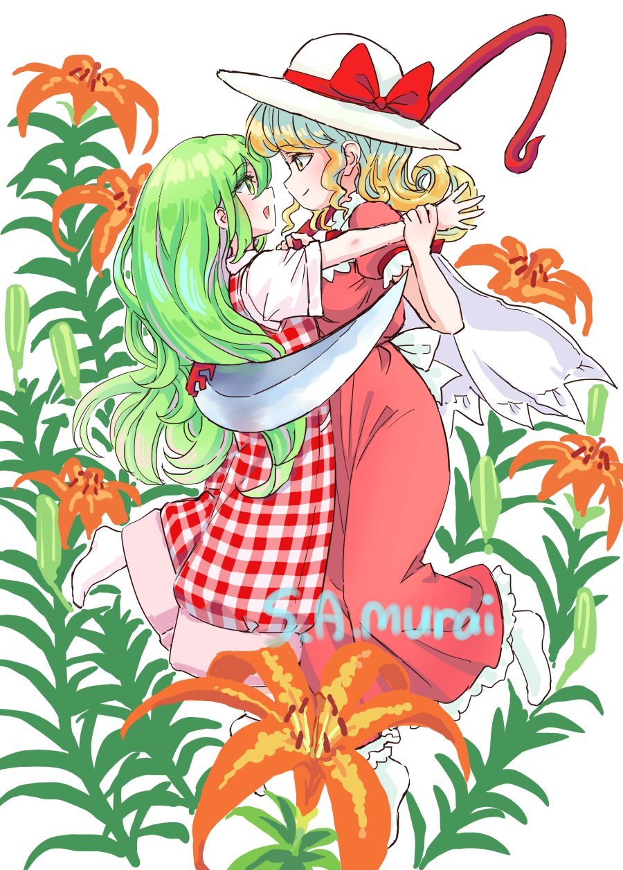 2girls artist_name blonde_hair bow capelet commentary_request dress elly_(touhou) flower flower_request frilled_dress frills green_eyes green_hair hat hat_bow highres holding holding_another&#039;s_wrist holding_scythe hug kazami_yuuka kazami_yuuka_(pc-98) long_hair medium_hair multiple_girls pants plaid_clothes plaid_pants plaid_vest red_bow red_dress red_pants red_vest s-a-murai scythe shirt short_sleeves socks touhou touhou_(pc-98) vest white_capelet white_hat white_shirt white_socks yellow_eyes yuri