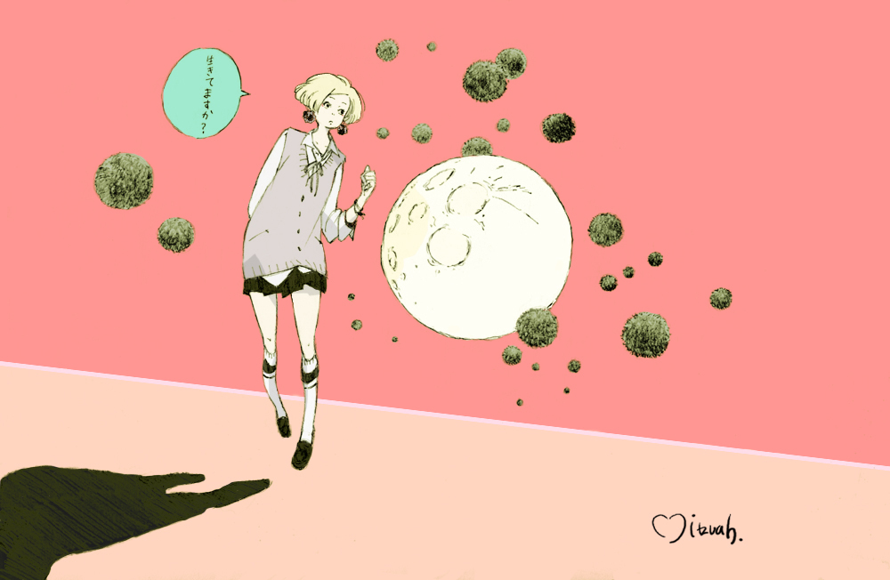 1girl black_eyes blonde_hair earrings graphite_(medium) jewelry makkamu mechanical_pencil moon original pencil pink_background shadow short_hair signature skirt surreal sweater traditional_media
