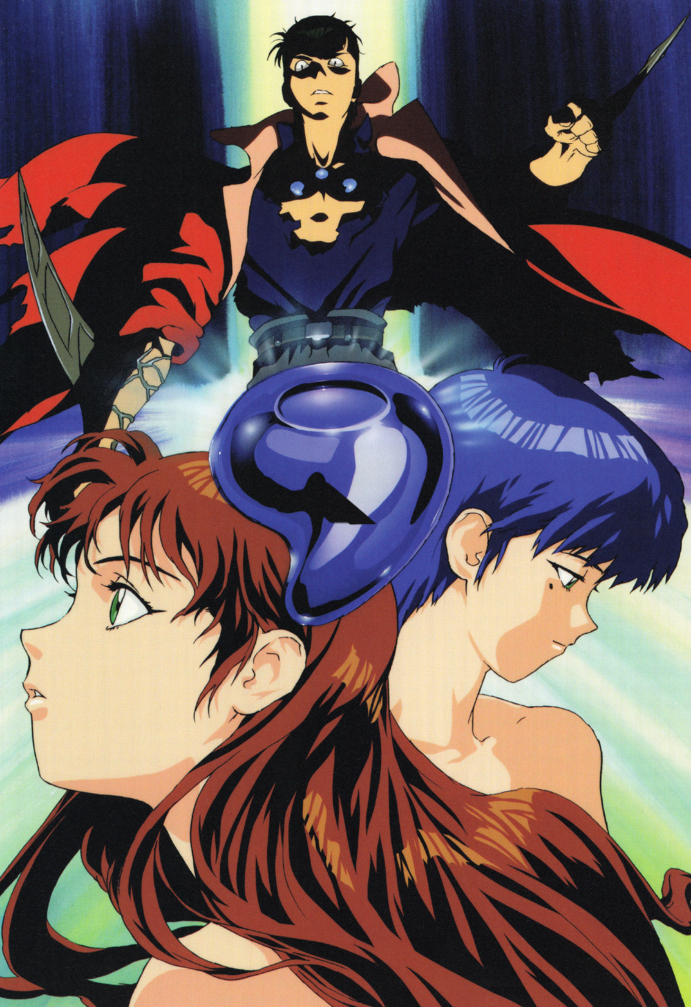 1990s_(style) 1boy 2girls blue_hair blue_seed brown_hair fujimiya_momiji green_eyes highres kunikida_kaede kusanagi_mamoru long_hair magatama mole mole_under_eye multiple_girls official_art profile retro_artstyle scan short_hair