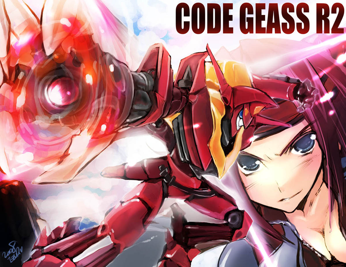 00s 1girl blue_eyes blush bodysuit breasts cleavage closed_mouth code_geass collarbone copyright_name female_focus guren_(code_geass) guren_flight-enabled_version guren_mk-ii kouzuki_kallen looking_at_viewer machinery mecha nekou_izuru red_hair robot serious short_hair solo upper_body