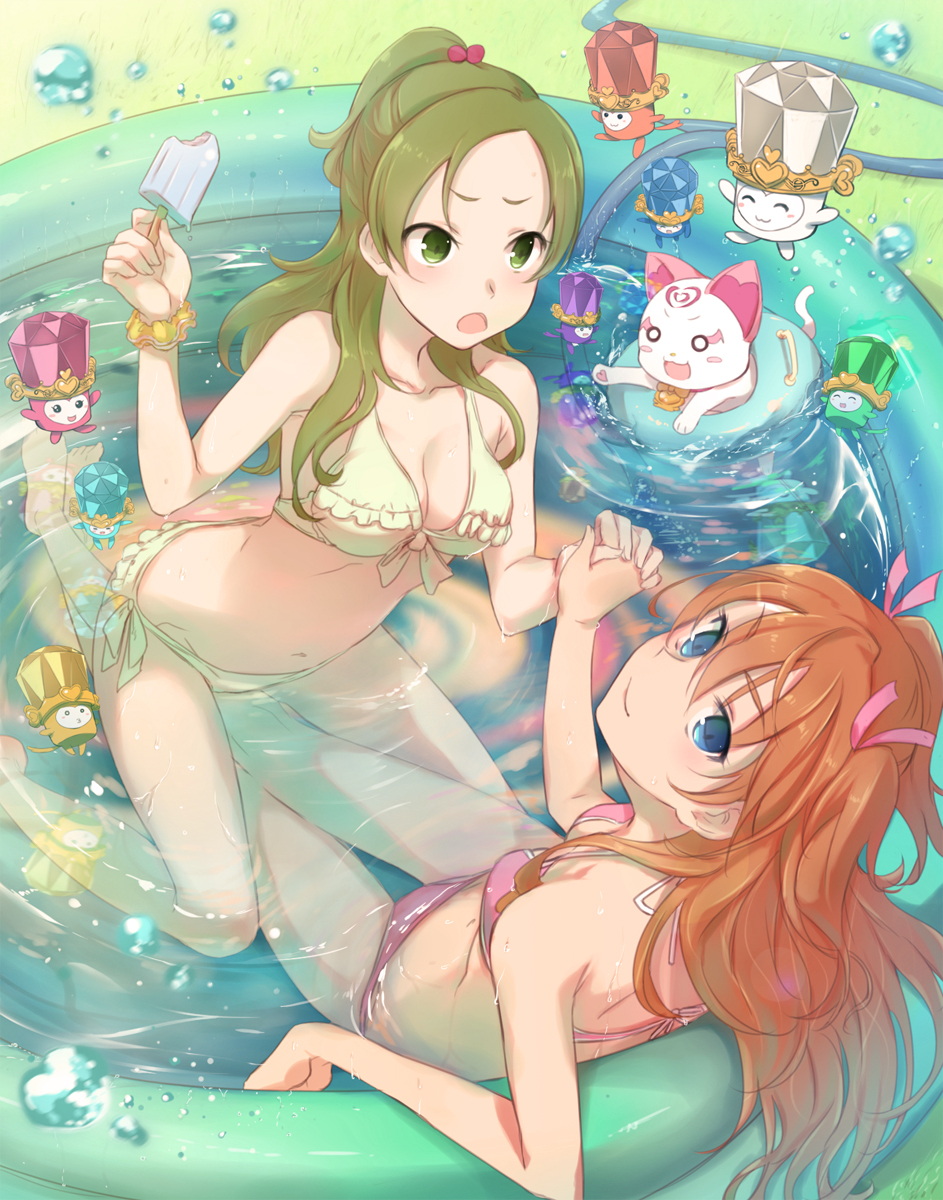 10s 2girls arm_support bare_shoulders bikini blue_eyes blush breasts brooch brown_hair bubble cat cleavage collarbone crossed_legs dodory dory fary female_focus food green_eyes green_hair hair_ribbon half_updo highres holding holding_hands hose houjou_hibiki hummy_(suite_precure) interlocked_fingers jewelry lary legs long_hair looking_at_viewer looking_back medium_breasts minamino_kanade minatsuki_randoseru miry multiple_girls navel o_o open_mouth own_hands_together pink_bikini pool popsicle precure pull rery ribbon side-tie_bikini_bottom sitting sitting_on_person small_breasts smile sory suite_precure swimsuit tiry two_side_up wading_pool water wet white_bikini