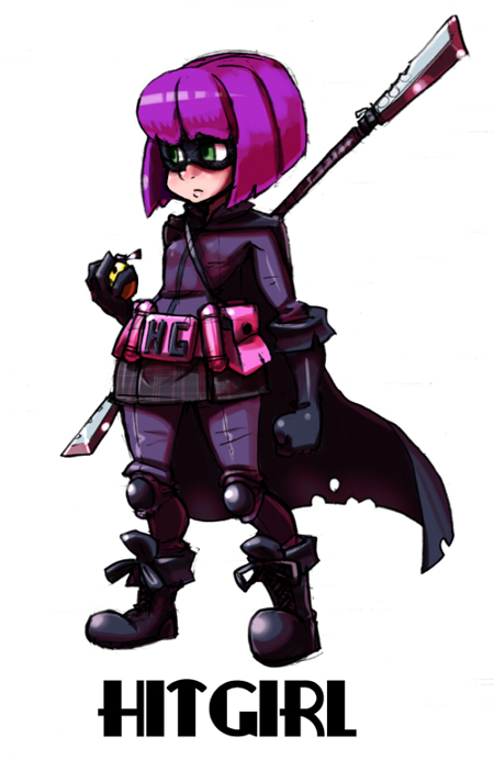 1girl alex_ahad_(style) bad_id bad_pixiv_id belt belt_pouch black_gloves bob_cut boots cape character_name double_blade explosive female_focus gloves green_eyes grenade hit-girl kick-ass knee_pads mask official_style parody plaid_clothes plaid_skirt polearm pouch purple_hair shioinu_kemushi short_hair simple_background skirt skullgirls solo standing style_parody superhero_costume weapon white_background wig