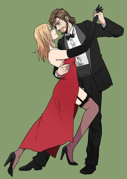 1boy 1girl 50yen_(gojiue) big_boss blonde_hair brown_hair dancing dress eva_(metal_gear) eyepatch facial_hair high_heels metal_gear_(series) metal_gear_solid_3:_snake_eater naked_snake tuxedo