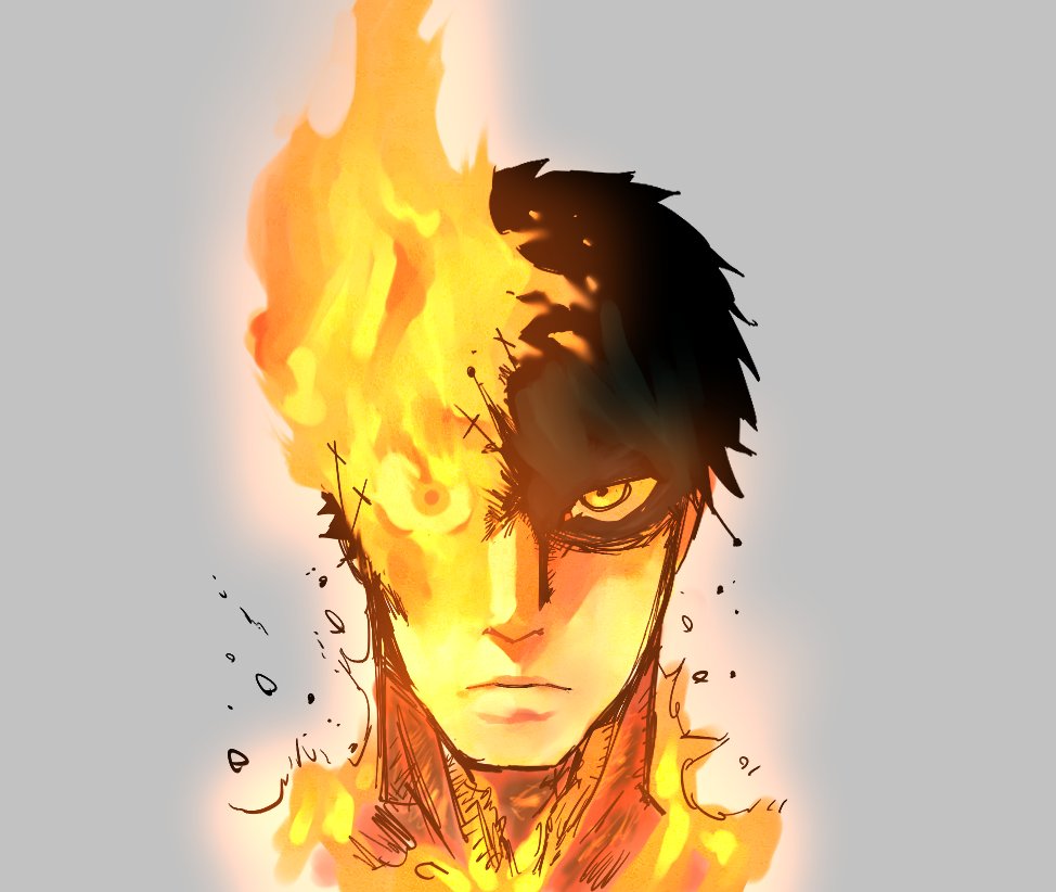 1boy agni_(fire_punch) black_hair burning fire fire_punch flaming_eye grey_background head_only looking_at_viewer orange_eyes portrait sen_(sus_pain) short_hair simple_background solo