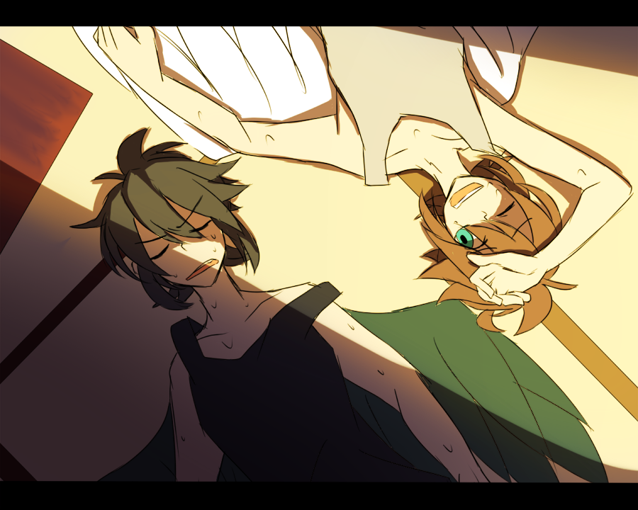 2boys angel angel_wings black_hair blue_eyes brown_hair closed_eyes dark_pit grey_shirt hot kid_icarus kid_icarus_uprising letterboxed lying multiple_boys nintendo pit_(kid_icarus) rotational_symmetry rushia_(retreat) shirt sleeveless sleeveless_shirt strap_slip sweat wings