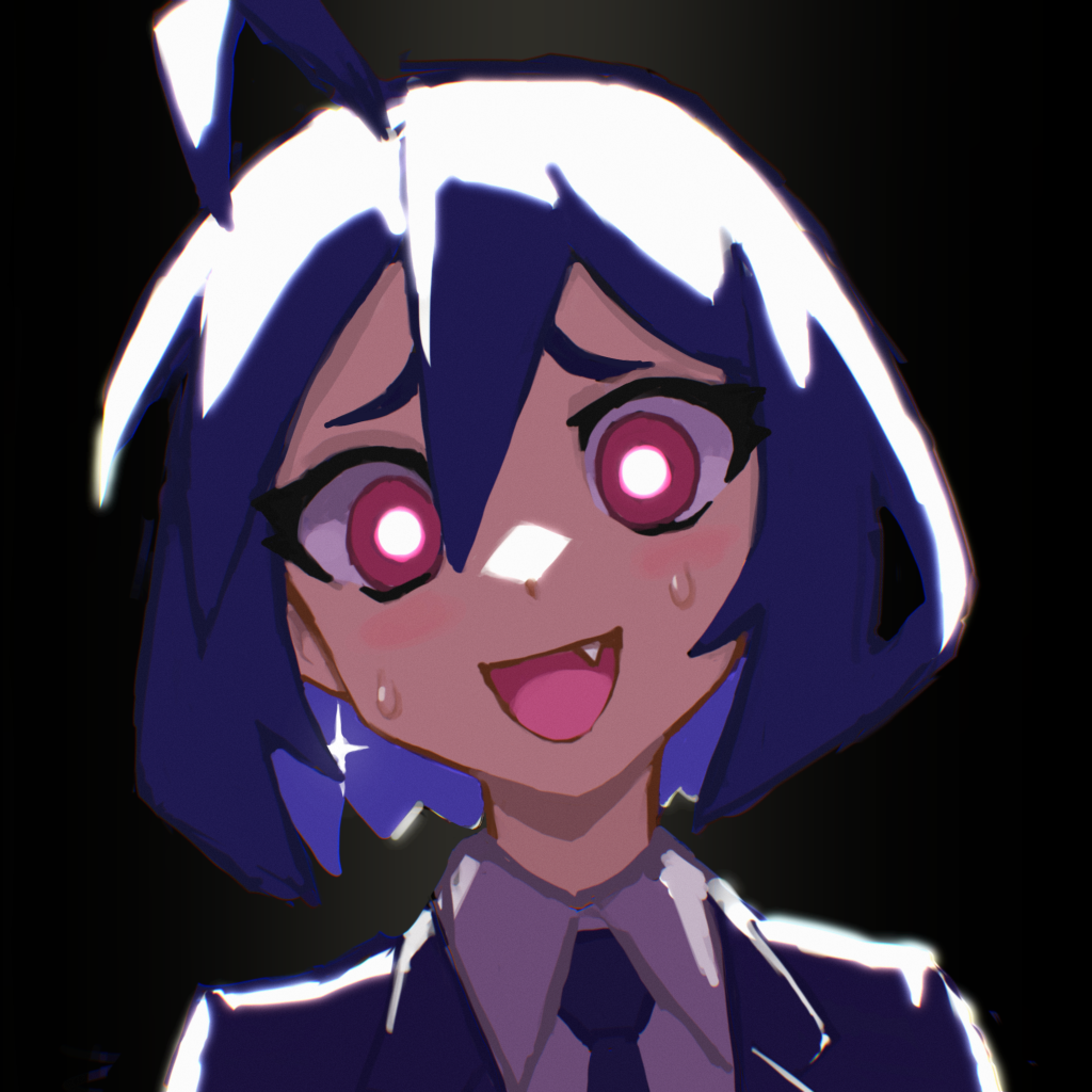 1girl ahoge blue_hair blue_necktie blush collared_shirt fang hcnone looking_at_viewer necktie nervous_smile office_lady open_mouth original pink_eyes shirt short_hair skye_(hcnone) smile sweat upper_body