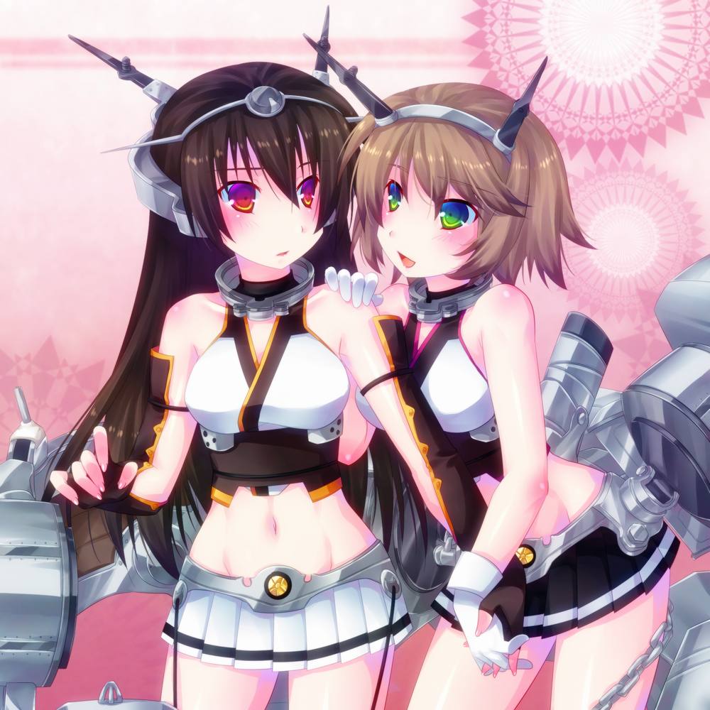 10s 2girls bad_id bad_pixiv_id black_hair brown_hair chain door_to_heaven elbow_gloves fingerless_gloves gloves green_eyes groin hairband hand_on_another&#039;s_shoulder holding_hands kantai_collection machinery midriff multiple_girls mutsu_(kancolle) nagato_(kancolle) navel open_mouth red_eyes ship_turret
