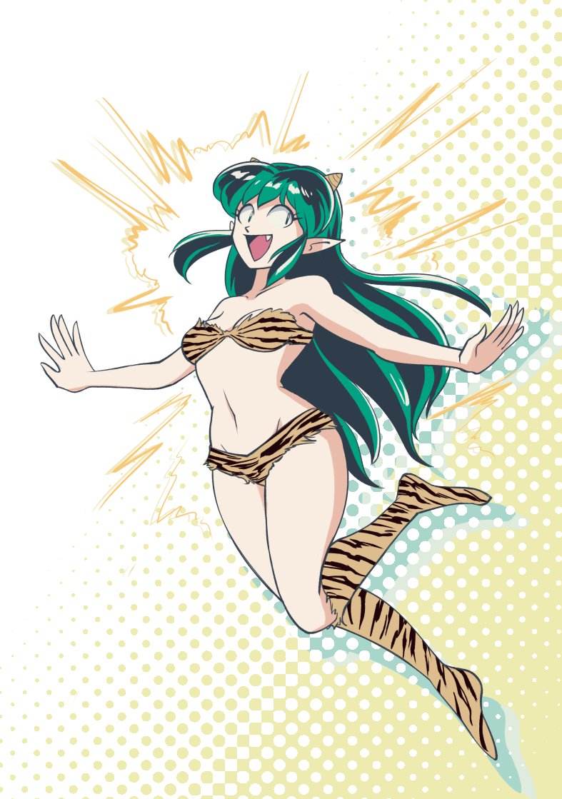 1girl animal_print bikini boots commentary cone_horns english_commentary eyelashes fang full_body green_hair horns knee_boots long_hair looking_at_viewer lum open_mouth outstretched_arms pointy_ears print_bikini print_boots sarracenian sidelocks solo spread_arms swimsuit tiger_print urusei_yatsura