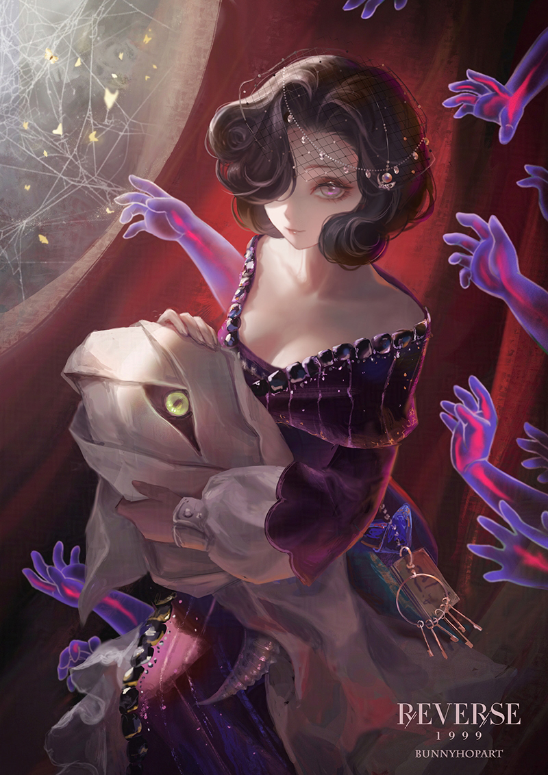 1girl artist_name black_hair blanket breasts bunnyhopart cleavage collarbone copyright_name curtains disembodied_hand dress fishnet_veil hair_over_one_eye holding holding_blanket key logo long_dress long_sleeves looking_at_viewer one_eye_covered pink_eyes puffy_long_sleeves puffy_sleeves purple_dress red_background reverse:1999 short_hair silk solo spider_web stage_curtains swaddled tuesday_(reverse:1999) upper_body
