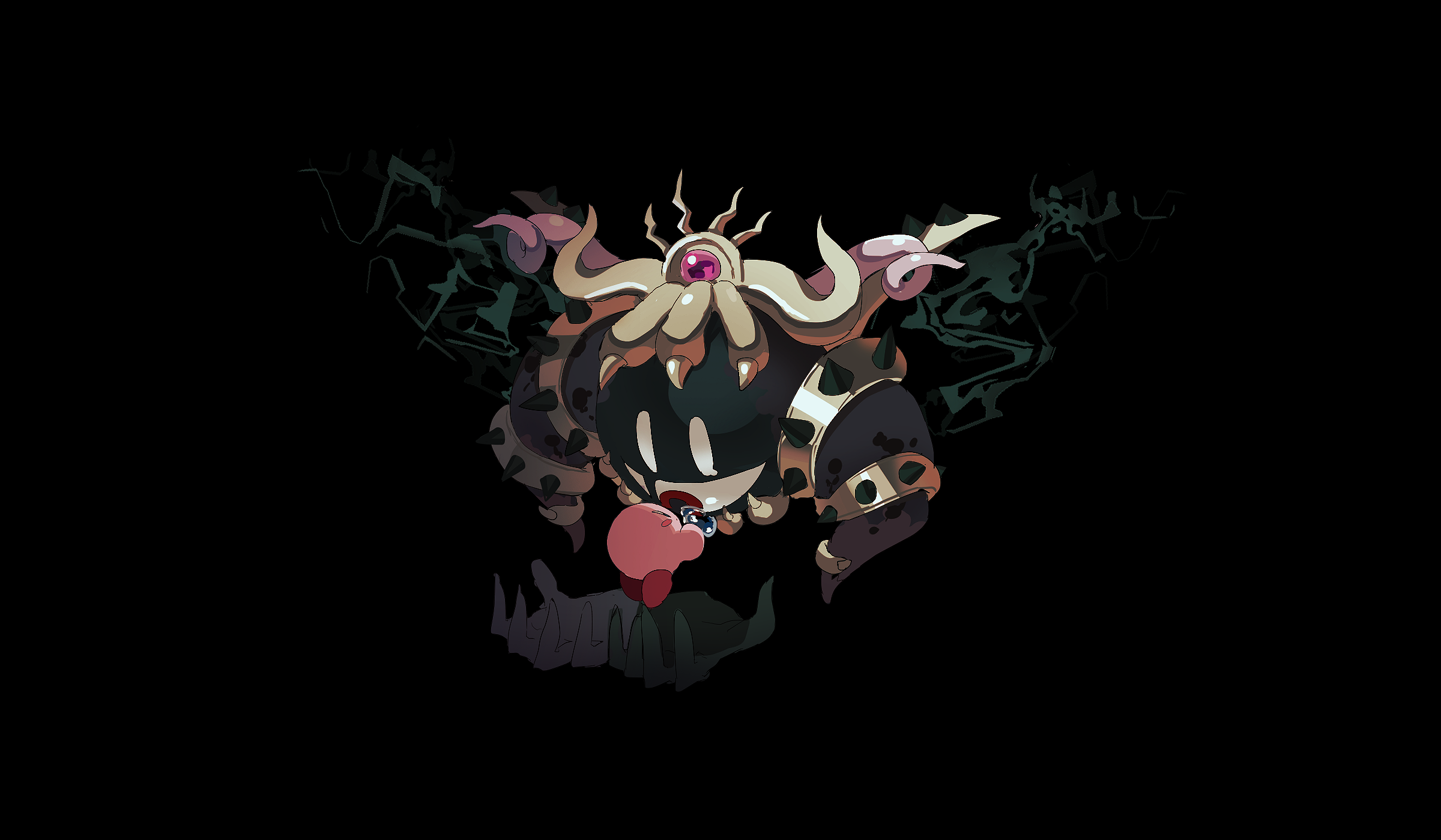 black_background colored_skin crown highres kirby kirby&#039;s_return_to_dream_land kirby_(series) looking_at_another magolor magolor_soul master_crown nintendo nt_26 pink_skin rayman_limbs red_eyes single_tear solid_oval_eyes white_eyes
