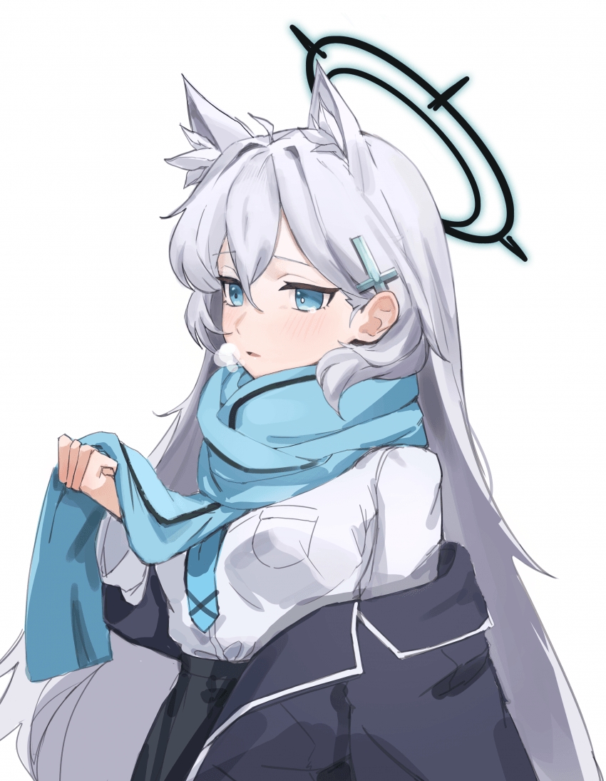 1girl animal_ear_fluff animal_ears black_halo blue_archive blue_eyes blue_scarf breath cross cross_hair_ornament dark_halo extra_ears grey_hair hair_ornament halo inverted_cross jacket light_blush long_hair long_sleeves mismatched_pupils necktie parted_lips scarf seulpeunna shiroko_(blue_archive) shiroko_terror_(blue_archive) shirt simple_background solo upper_body white_background white_shirt wolf_ears wolf_girl