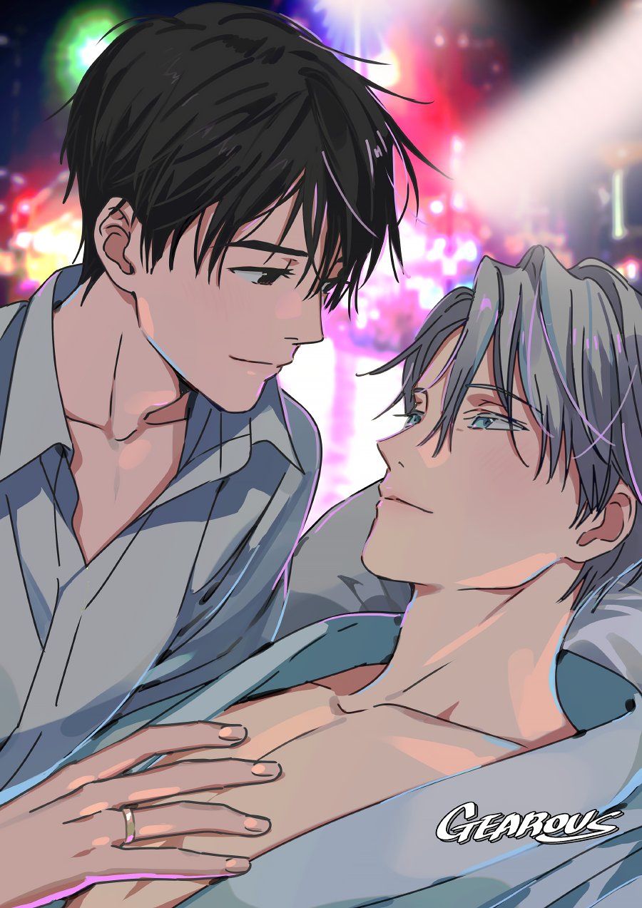 2boys artist_name bishounen black_eyes black_hair blue_eyes collarbone collared_shirt gearous grey_hair hand_on_another&#039;s_chest highres jewelry katsuki_yuuri looking_at_another male_focus multiple_boys pectorals ring shirt toned toned_male viktor_nikiforov wedding_ring white_shirt yaoi yuri!!!_on_ice