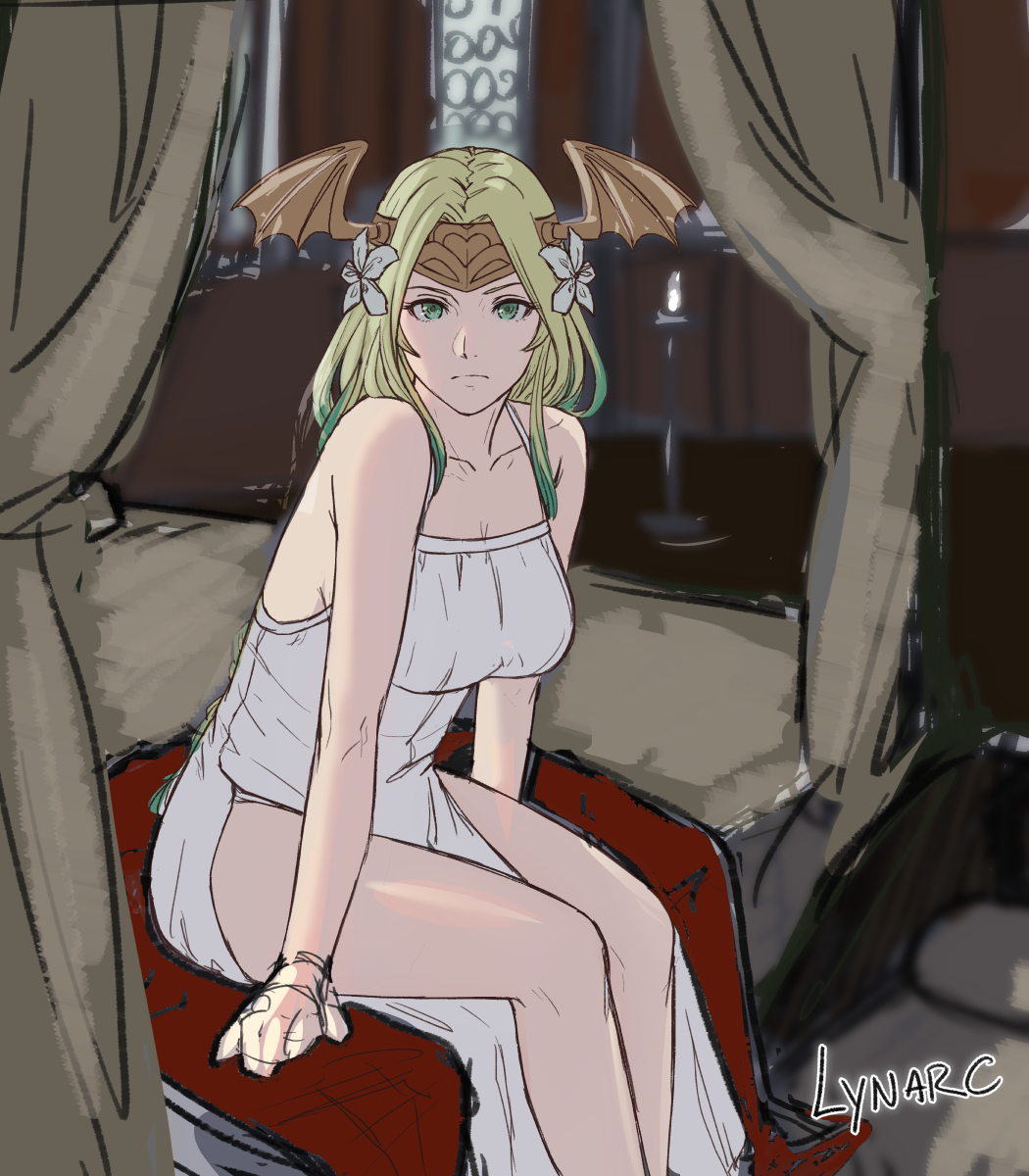 1girl artist_name bare_arms bare_legs bed breasts dress fire_emblem fire_emblem:_three_houses flower green_eyes green_hair hair_flower hair_ornament headband highres large_breasts long_hair looking_at_viewer lynarc nintendo on_bed seiros_(fire_emblem) thighs white_dress winged_headwear