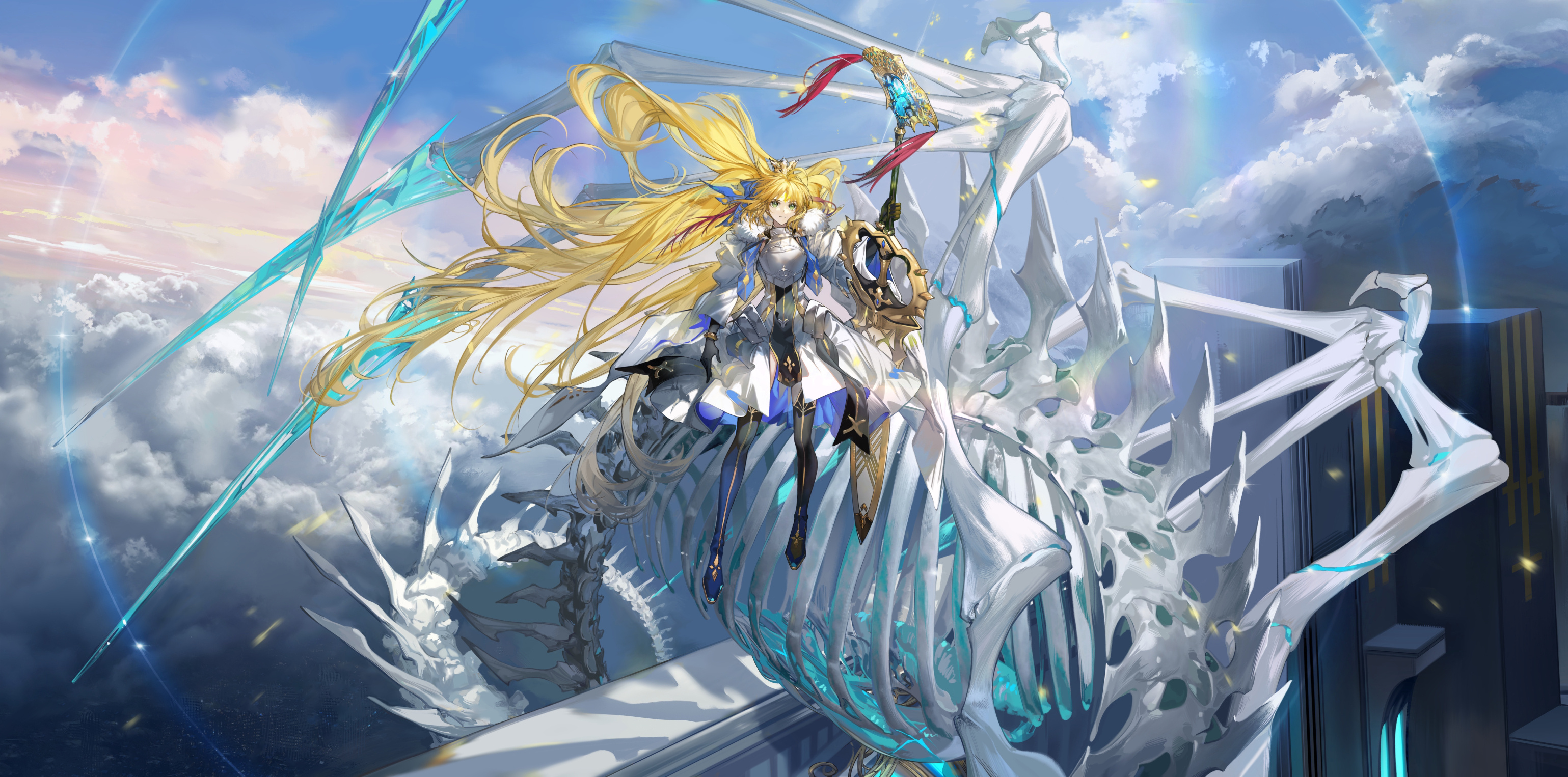1girl ahoge animal_skeleton arlizi arm_at_side armor armored_dress artoria_caster_(fate) artoria_caster_(third_ascension)_(fate) artoria_pendragon_(fate) black_boots black_gloves blonde_hair blue_bow blue_sky boots bow bracelet breastplate capelet closed_mouth cloud cloudy_sky crown defensive_wall dragon dress facial_mark fate/grand_order fate_(series) faulds floating forehead_mark fur-trimmed_capelet fur_trim gloves gold_trim green_eyes hair_bow hair_spread_out hand_up highres holding holding_sword holding_weapon jewelry long_hair long_sleeves looking_at_viewer marmyadose_(fate) outdoors pelvic_curtain revision serious sky solo sword tassel thigh_boots weapon white_capelet white_dress wide_shot wide_sleeves wind