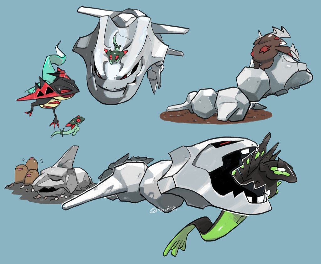 artist_name closed_eyes dirt dragapult dreepy dugtrio excadrill gen_1_pokemon gen_2_pokemon gen_5_pokemon gen_6_pokemon gen_8_pokemon kochi8i legendary_pokemon nintendo no_humans onix open_mouth pokemon pokemon_(creature) red_eyes riding riding_pokemon simple_background steelix teeth zygarde zygarde_(50%)