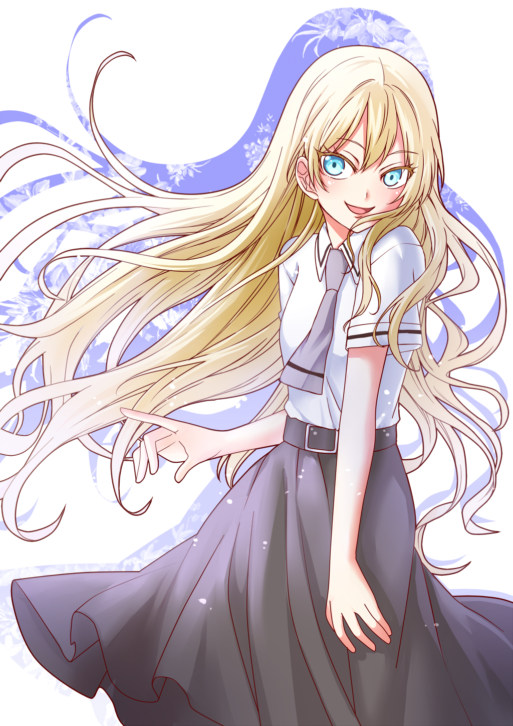 10s 1girl :d asobi_asobase belt black_skirt blonde_hair blue_eyes female_focus graphite_(medium) grey_neckwear hair_between_eyes highres kaikai long_hair long_skirt looking_to_the_side olivia_(asobi_asobase) open_mouth school_uniform shirt short_sleeves skirt smile solo traditional_media very_long_hair white_shirt