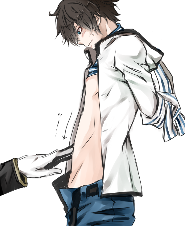 2boys ankake bad_id black_hair blush devil_survivor_(series) devil_survivor_2 houtsuin_yamato kuze_hibiki male_focus multiple_boys open_clothes open_shirt shirt stomach undressing yaoi