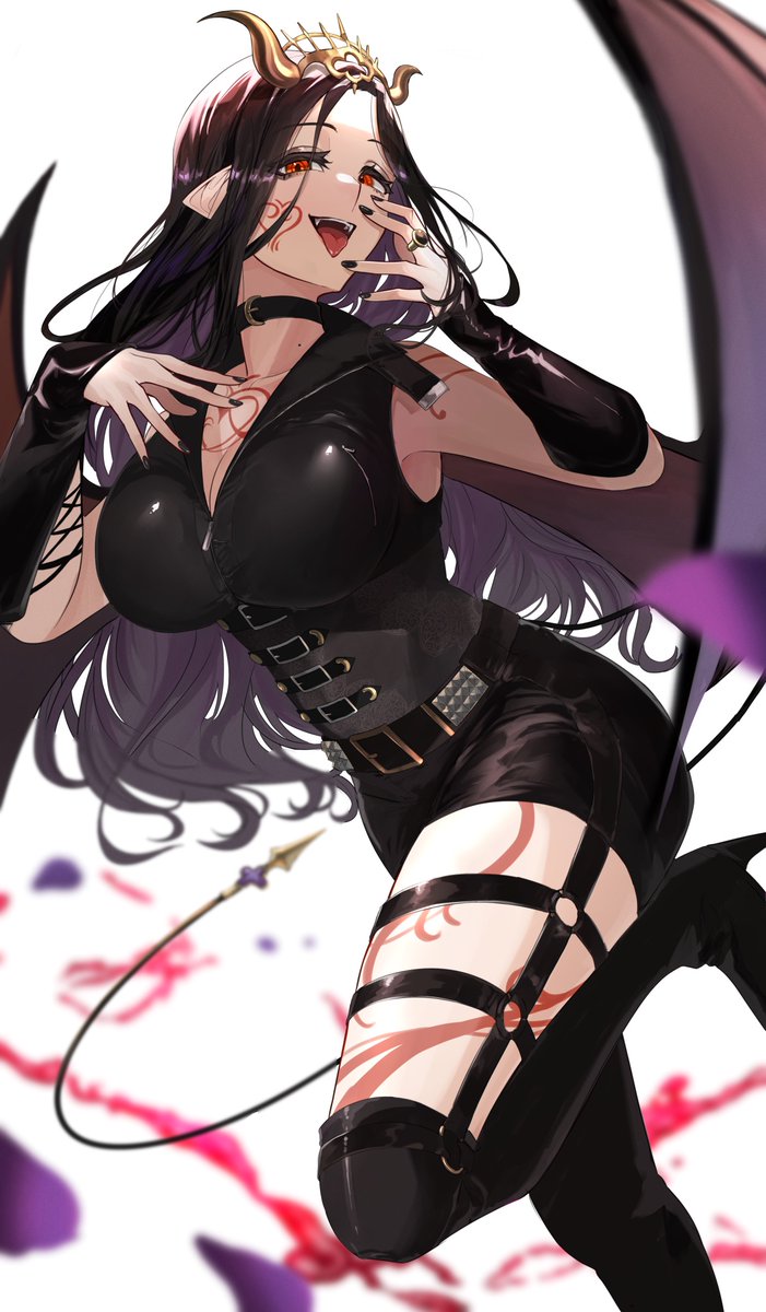 1girl asymmetrical_legwear belt black_corset black_hair black_thighhighs breasts cleavage corset demon_horns demon_tail demon_wings grin hairband heart heart_tattoo highres horns lace lace-trimmed_legwear lace_trim large_breasts long_hair looking_at_viewer nekotokage nijisanji orange_eyes pointy_ears shirayuki_tomoe shirayuki_tomoe_(9th_costume) shorts smile smug solo spiked_hairband spikes tail tattoo thighhighs virtual_youtuber wings
