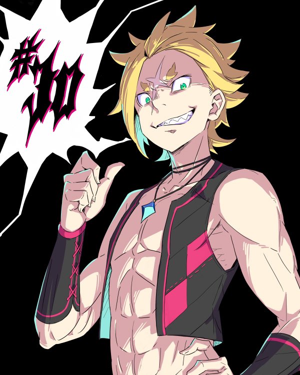 1boy black_background blonde_hair blue_gemstone commentary_request evil_smile garfiel_tinsel gem green_eyes hand_on_own_hip jewelry looking_at_viewer male_focus muscular muscular_male necklace official_art ootsuka_shin&#039;ichirou pointing pointing_at_self re:zero_kara_hajimeru_isekai_seikatsu scar scar_on_face sharp_teeth short_hair smile solo teeth thick_eyebrows