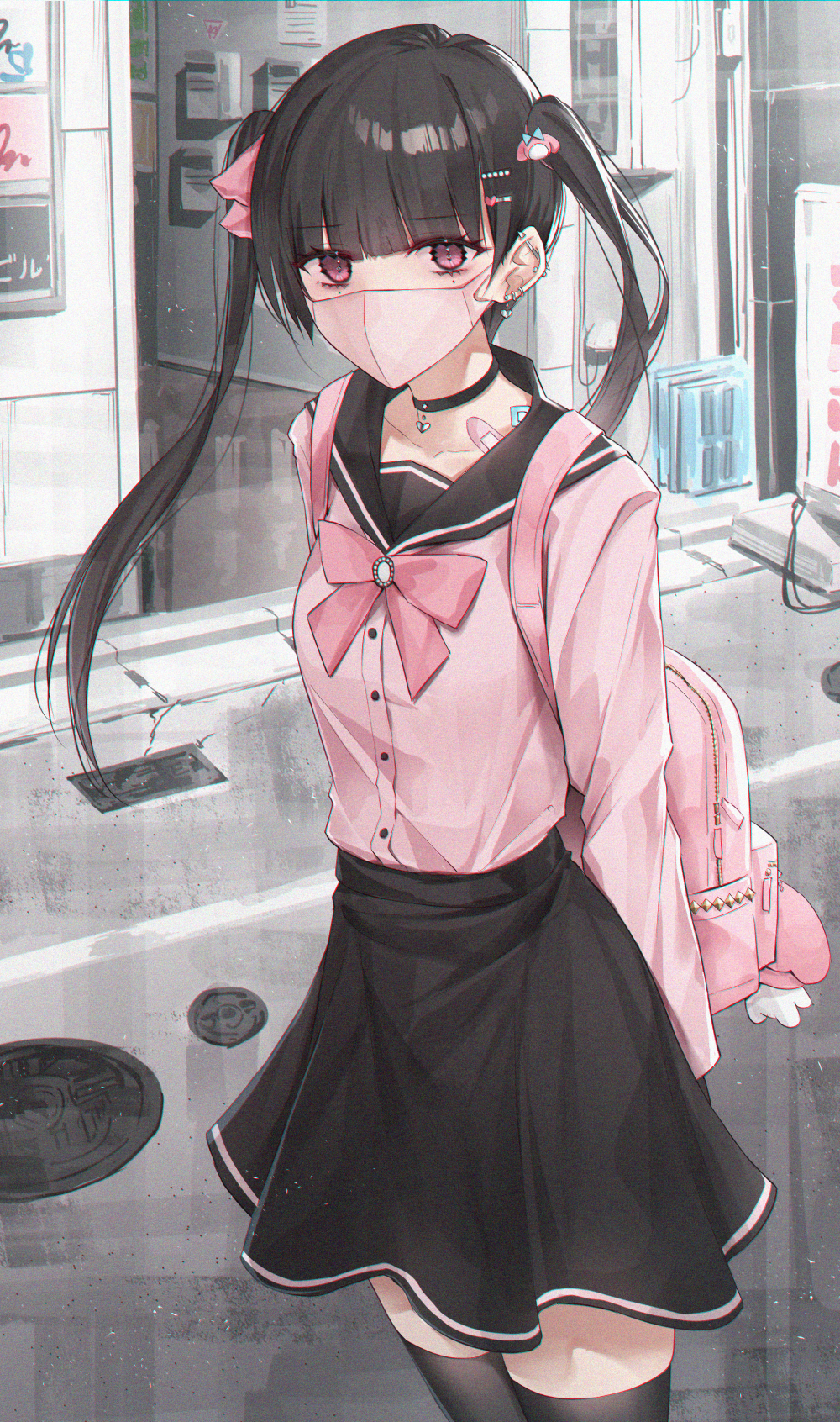 1girl backpack bag bandaid black_choker black_sailor_collar black_skirt black_thighhighs blunt_bangs bow breasts choker collarbone commentary_request day hair_bow hair_ornament hairclip highres kanju long_hair long_sleeves looking_at_viewer mask mouth_mask original outdoors pink_bow pink_eyes pink_shirt sailor_collar school_uniform serafuku shirt skirt small_breasts solo thighhighs twintails very_long_hair