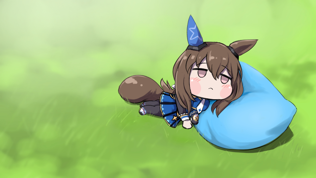 1girl admire_vega_(umamusume) animal_ears bean_bag_chair blush_stickers brown_eyes brown_hair ear_covers ear_ornament grass hair_between_eyes horse_ears horse_girl long_hair lying necktie on_ground on_side pantyhose raccoon_tail sidelocks single_ear_cover tail tareme tenten_(chan4545) umamusume umamusume_tanuki white_necktie yogibo