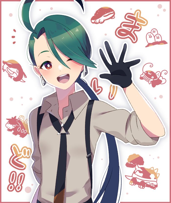 1girl ahoge alt_text androgynous black_gloves breasts camerupt clodsire commentary_request donphan dugtrio earrings gen_1_pokemon gen_2_pokemon gen_3_pokemon gen_4_pokemon gloves green_hair hair_over_one_eye jewelry nintendo one_eye_closed open_mouth pokemon pokemon_(creature) pokemon_sv ponytail red_eyes rika_(pokemon) riki_(inushima_) sleeves_rolled_up small_breasts smile solo suspenders torterra upper_body waving whiscash