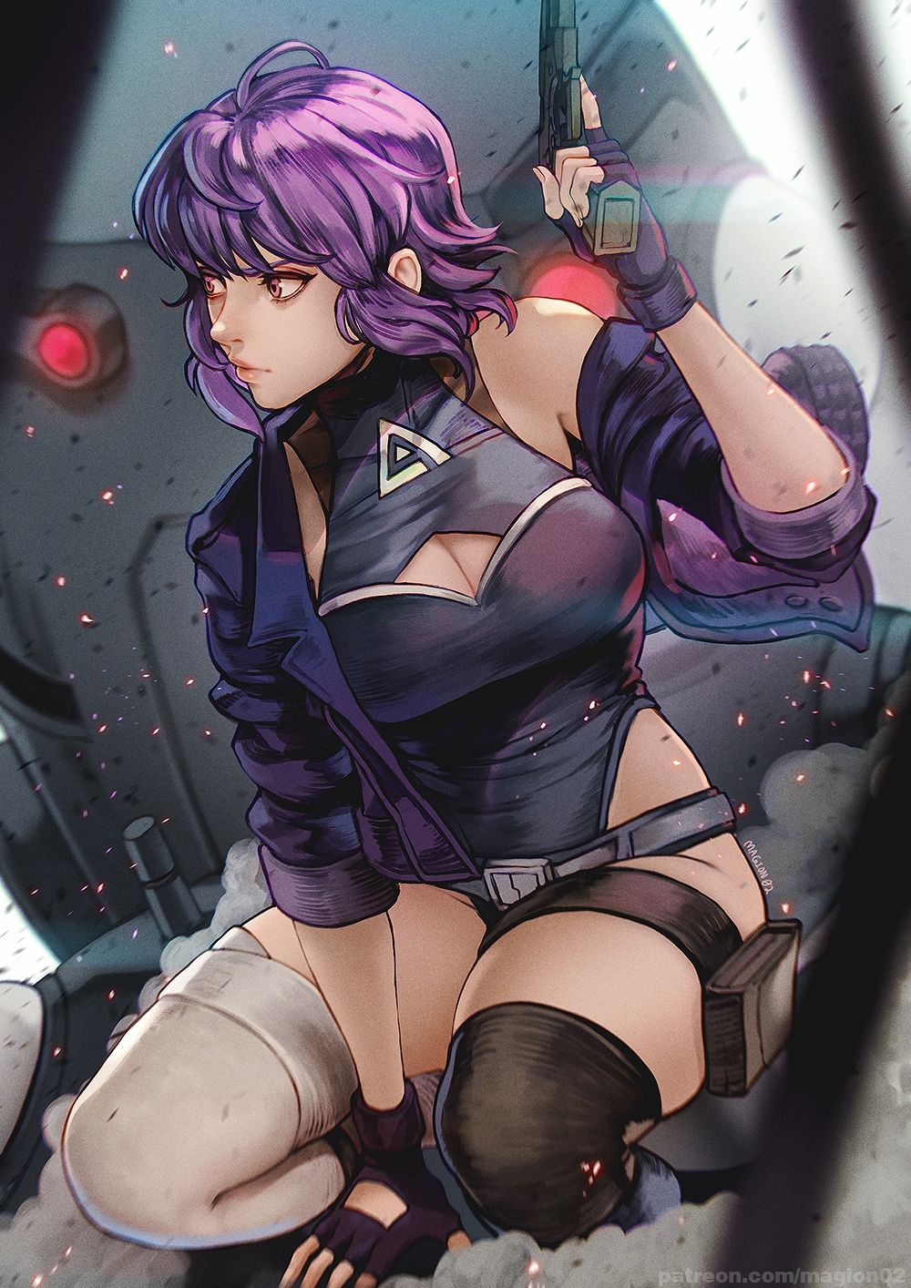 1girl artist_name asymmetrical_legwear belt black_leotard black_thighhighs breasts cleavage_cutout closed_mouth clothing_cutout cropped_jacket dust_cloud fingerless_gloves ghost_in_the_shell ghost_in_the_shell:_sac_2045 gloves gun hand_up handgun heattech_leotard highleg highleg_leotard highres holding holding_gun holding_weapon jacket kusanagi_motoko large_breasts leotard lips looking_away magion02 mismatched_legwear nose off_shoulder patreon_username pouch purple_eyes purple_gloves purple_hair purple_jacket robot science_fiction short_hair single_bare_shoulder solo squatting tachikoma thigh_pouch thigh_strap thighhighs trigger_discipline turtleneck watermark weapon web_address white_thighhighs
