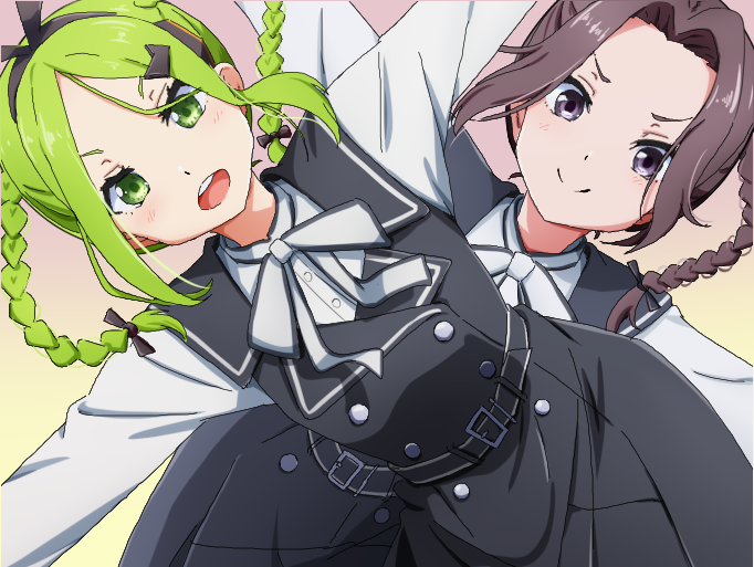 22/7 2girls alternate_hairstyle belt black_belt black_bow black_dress bow bow_hairband braid buttons closed_mouth double-breasted dress gradient_background green_eyes green_hair grey_eyes grey_hair hair_bow hair_intakes hair_ornament hairband hairclip igashiko keisanchuu_new_costume kiryu_touko long_hair long_sleeves looking_at_viewer multiple_girls neck_ribbon oekaki open_mouth orihara_sumika outstretched_arms parted_bangs pinafore_dress ribbon shirt shirt_under_dress sleeveless sleeveless_dress smile teeth twin_braids two-tone_bow two-tone_hairband two_side_up upper_teeth_only v-shaped_eyebrows white_ribbon white_shirt