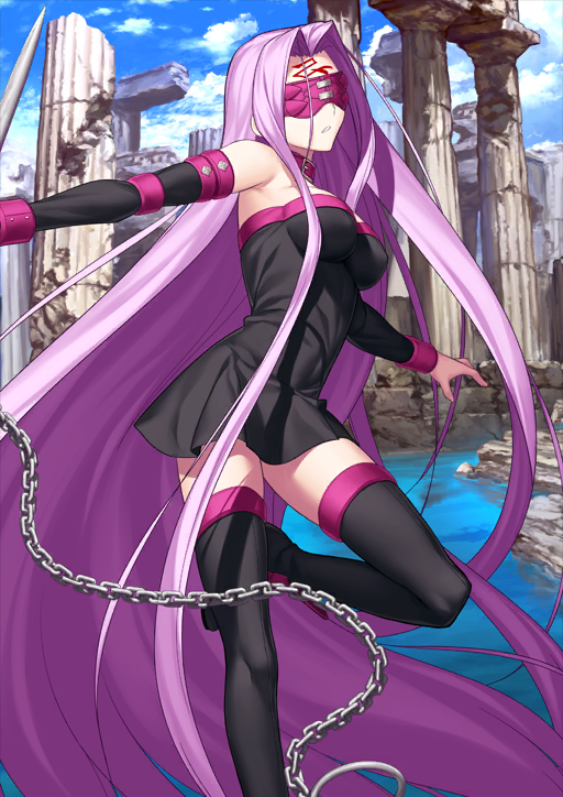 1girl belt_buckle belt_collar black_boots black_dress black_sleeves blindfold blue_sky boots breasts buckle chain cloud collar covered_eyes curtained_hair detached_sleeves dress facial_mark fate/grand_order fate_(series) foot_out_of_frame forehead_mark holding holding_weapon leg_up long_hair long_sidelocks medusa_(fate) medusa_(rider)_(fate) nameless_dagger_(fate) official_art outdoors outstretched_arm parted_lips pink_blindfold pink_collar reverse_grip ruins short_dress sky solo standing standing_on_one_leg strapless strapless_dress takeuchi_takashi thigh_boots third-party_source very_long_hair very_long_sidelocks weapon