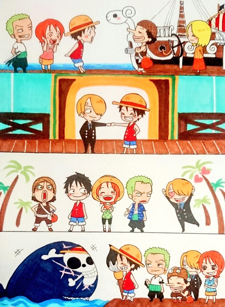 &gt;_&lt; +++ 2girls 4boys black_suit blonde_hair blue_shorts brown_overalls chibi closed_eyes commentary_request crossed_arms curly_eyebrows facial_hair formal_clothes going_merry haramaki hat heart heart-shaped_eyes jolly_roger kaya_(one_piece) laboon long_nose monkey_d._luffy multiple_boys multiple_girls mustache nami_(one_piece) nami_(one_piece)_(arlong_park) nami_(one_piece)_(baratie) nami_(one_piece)_(reverse_mountain) one_piece orange_hair overalls palm_tree pupil308 red_shirt roronoa_zoro sanji_(one_piece) sash shirt short_hair shorts sleeveless sleeveless_shirt smile star-shaped_pupils star_(symbol) straw_hat straw_hats_jolly_roger suit sword symbol-shaped_pupils tree usopp weapon whale white_sash