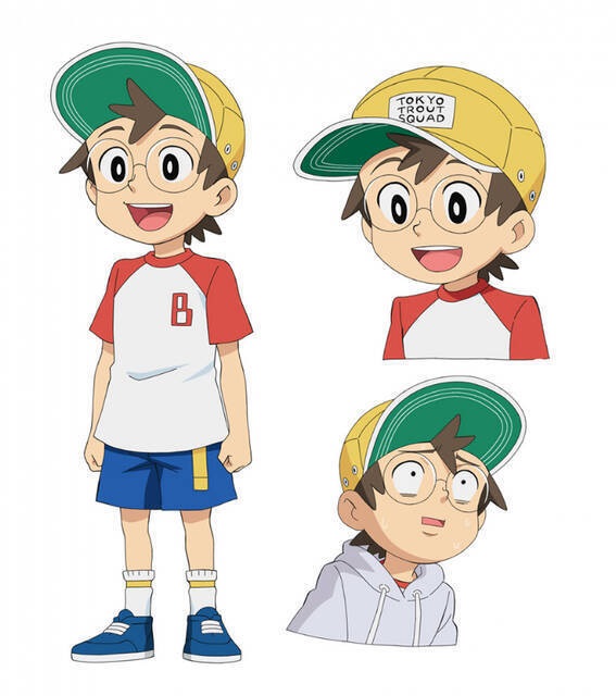 1boy blush boku_to_roboco brown_eyes brown_hair glasses looking_ahead official_art open_mouth reference_sheet shoes short_hair smile sneakers solo surprised taira_bondo two-tone_shirt white_background