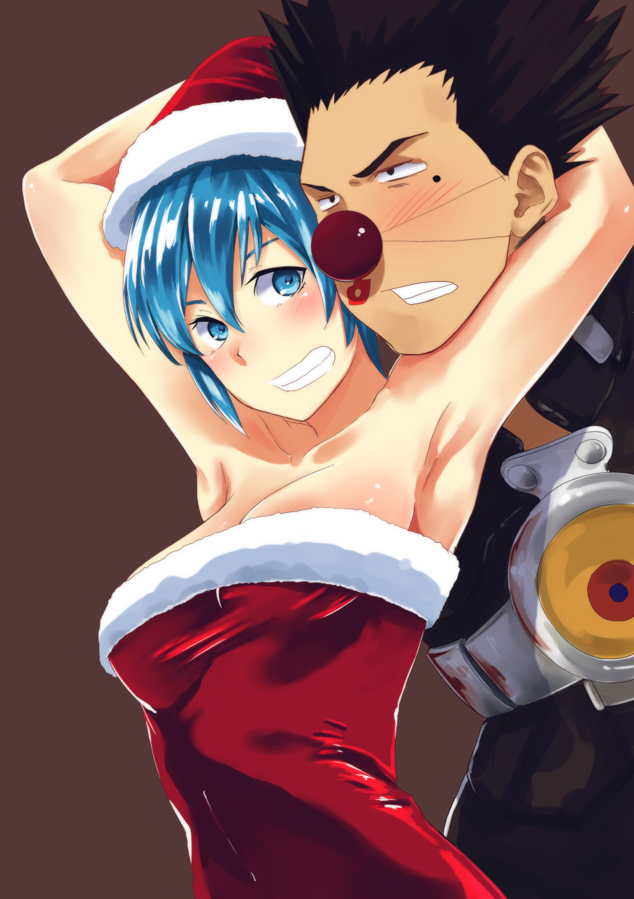 1boy 1girl aqua_hair bare_shoulders blue_eyes blue_hair bokkusu breasts christmas cleavage dress grin hat highres linda_(linda_cube) linda_cube medium_breasts open_mouth short_hair simple_background smile