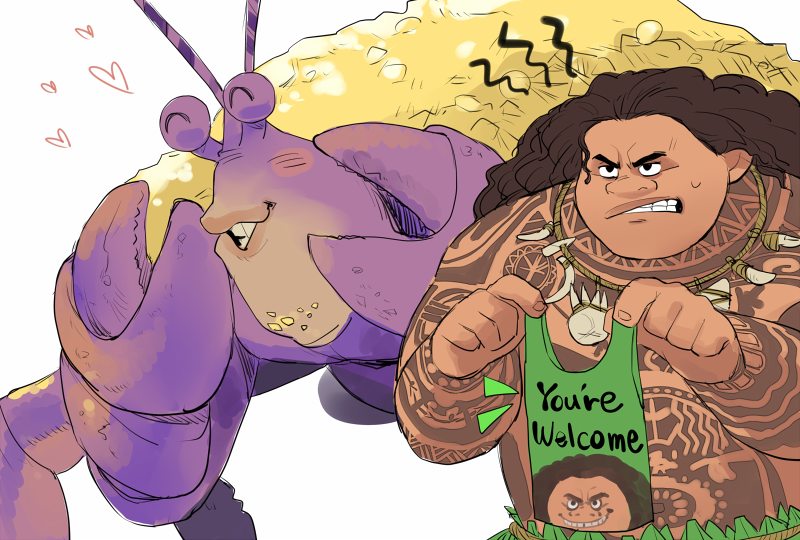 2boys arm_tattoo blush brown_hair chest_tattoo closed_eyes crab dark-skinned_male dark_skin green_tank_top heart holding holding_shirt holding_unworn_clothes jewelry long_hair maui_(moana) moana_(movie) multiple_boys necklace pano_(mohayayamai) print_tank_top shirt simple_background tamatoa tank_top tattoo tribal_tattoo unworn_shirt white_background