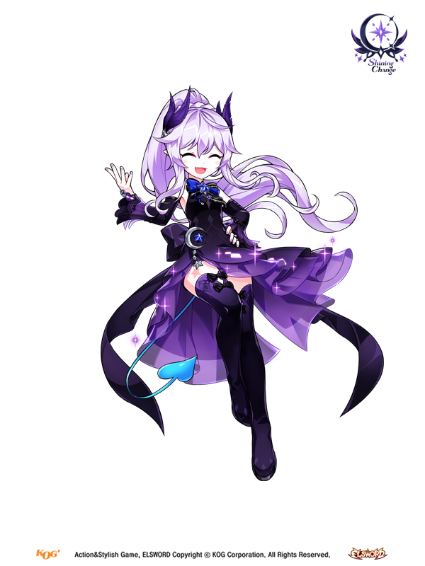 1girl ^_^ back_bow bare_shoulders black_boots black_bow black_dress black_sleeves blue_bow blue_bowtie blue_tail boots bow bowtie bracelet brooch closed_eyes closed_mouth company_logo copyright_name copyright_notice crescent demon_girl demon_tail detached_sleeves dot_nose dress elsword feather_hair_ornament feathers fingernails floating_hair footwear_bow frilled_dress frilled_sleeves frills full_body game_cg gradient_boots gradient_clothes gradient_dress hair_between_eyes hair_ornament hand_on_own_hip hand_up happy high_ponytail hwansang jewelry logo long_hair loose_hair_strand luciela_r._sourcream magical_girl official_alternate_costume official_art open_mouth petite pointy_ears ponytail ponytail_with_braided_base purple_boots purple_dress purple_hair second-party_source side_slit sleeveless sleeveless_dress smile solo star_(symbol) tail thigh_boots transparent_background very_long_hair