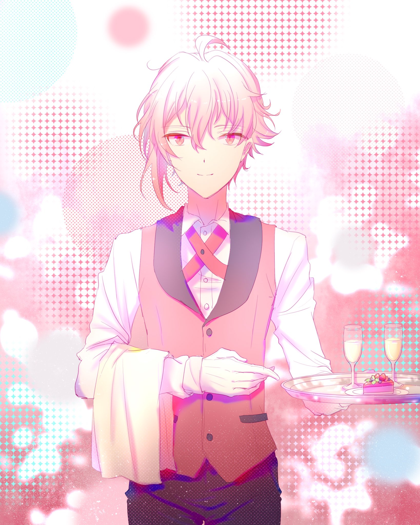1boy alcohol black_pants buttons cake cake_slice champagne champagne_flute closed_mouth collared_shirt collared_vest colored_shadow commentary confeitoo cowboy_shot cup dress_pants dress_shirt drinking_glass food gloves hair_between_eyes halftone halftone_background highres holding holding_tray idolish7 kujou_tenn long_sleeves looking_at_viewer male_focus napkin pants pink_background pink_eyes pink_hair pink_vest plate shadow shirt short_hair single_sidelock sleeve_cuffs smile solo standing straight-on symbol-only_commentary tray vest waiter white_gloves white_shirt