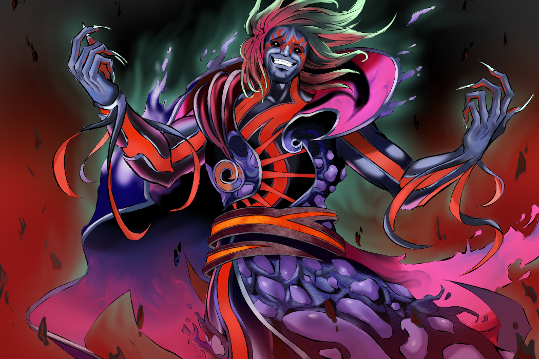 1boy black_background black_sclera colored_sclera colored_skin commentary_request gradient_background green_hair hades_(kid_icarus) kazam_fm kid_icarus kid_icarus_uprising looking_at_viewer male_focus multicolored_hair nintendo purple_skin red_background red_hair smile solo teeth two-tone_hair