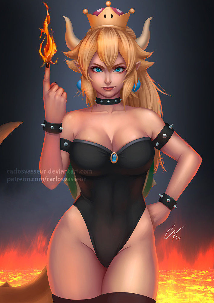 1girl blonde_hair bowsette bracelet breasts cleavage crown earrings english_text fire geravass horns jewelry large_breasts lava mario_(series) new_super_mario_bros._u_deluxe nintendo pointy_ears shell solo spiked_bracelet spikes tail thighs