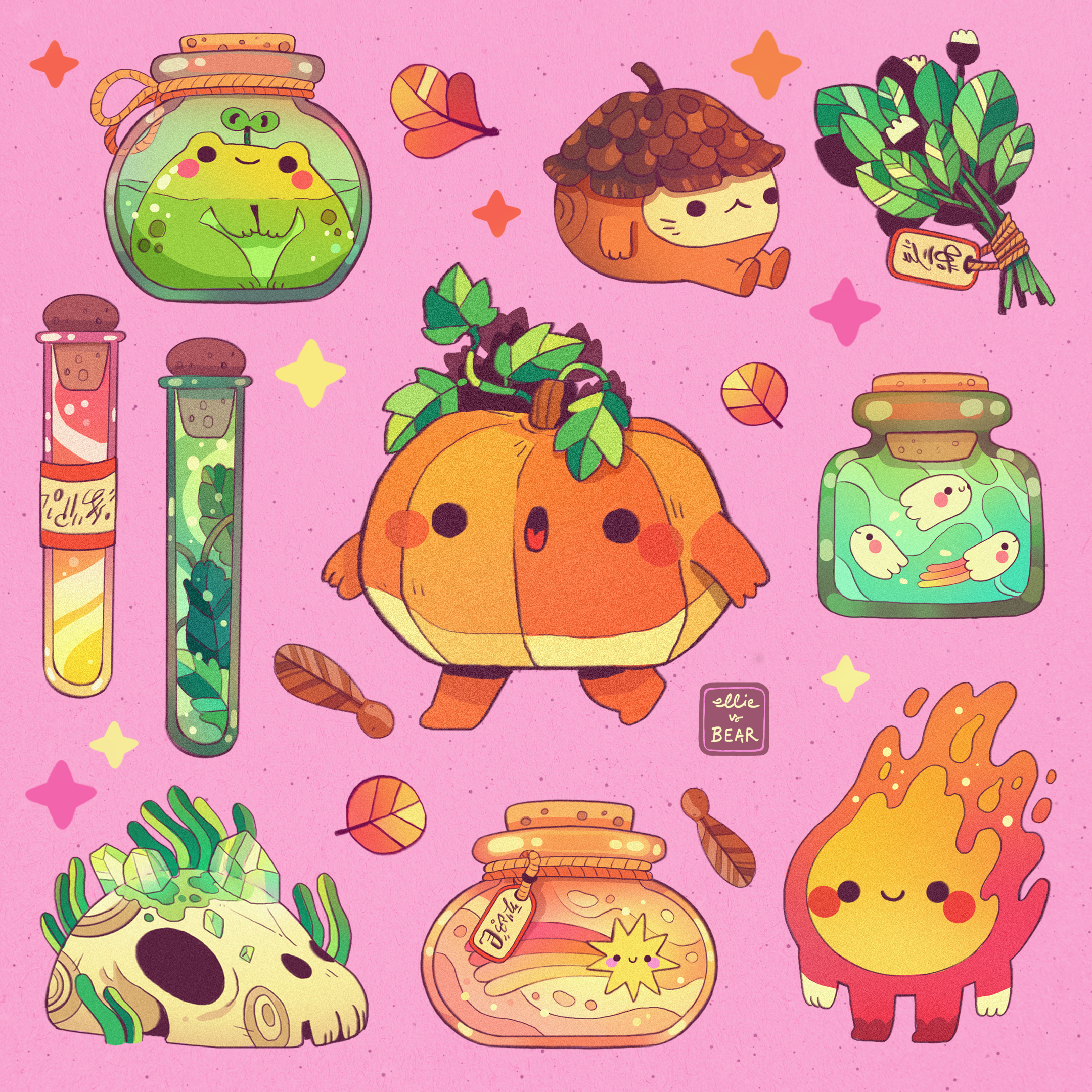 acorn animal_skull artist_name autumn_leaves bottle corked_bottle creature crystal ellievsbear fire flask frog ghost herb_bundle highres jar leaf no_humans original pink_background plant pumpkin signature simple_background smile sparkle spirit standing test_tube