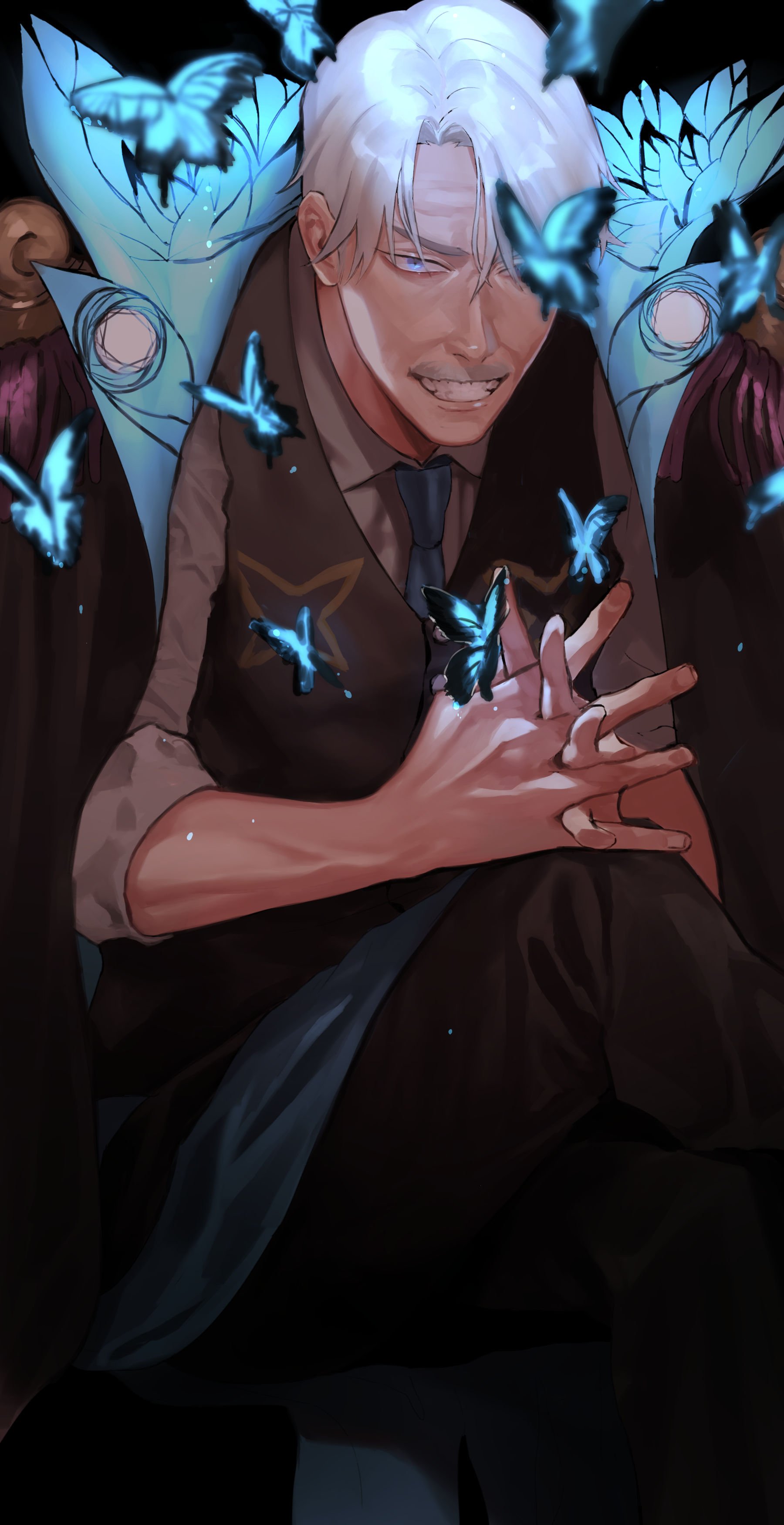 1boy absurdres blue_butterfly blue_eyes blue_necktie brown_vest bug butterfly crossed_legs facial_hair fate_(series) formal_clothes gloves grey_hair grin highres insect interlocked_fingers james_moriarty_(archer)_(fate) james_moriarty_(gray_collar)_(fate) looking_at_viewer male_focus mustache necktie samuraisamurai sitting smile solo vest white_hair
