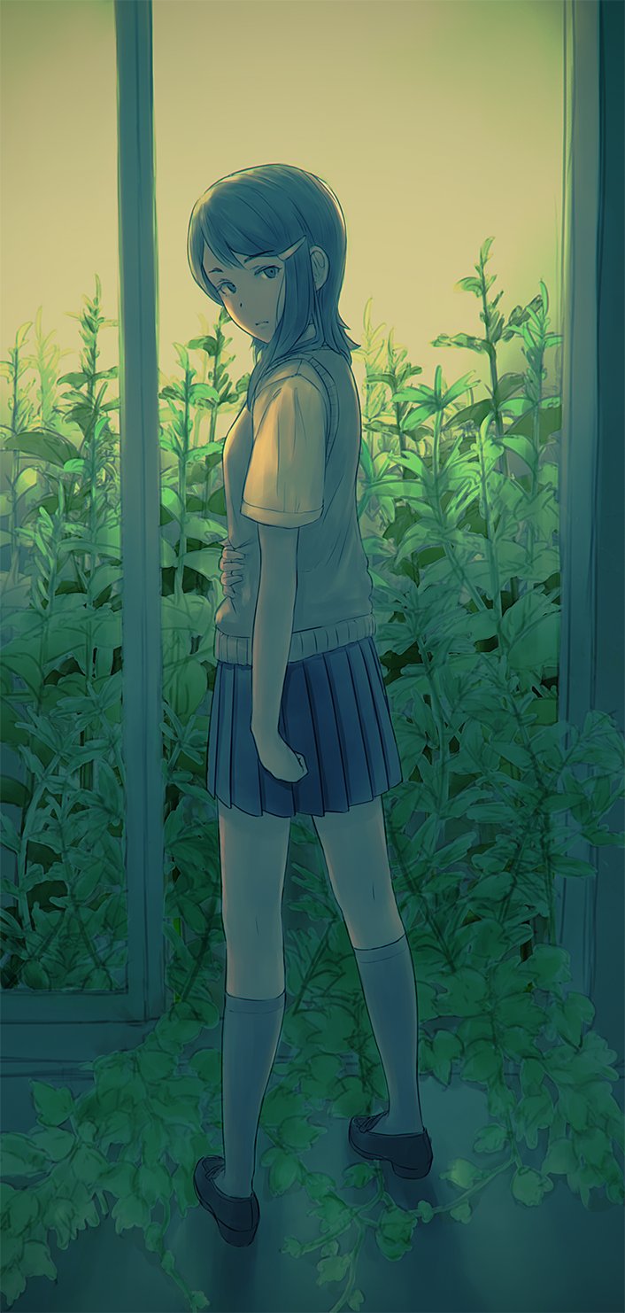 1girl blue_eyes blue_hair blue_skirt breasts brown_sweater_vest closed_mouth dot_nose from_behind full_body grey_socks hair_ornament hairclip hand_on_own_stomach highres idolmaster idolmaster_dearly_stars kneepits konekone loafers looking_back medium_breasts mizutani_eri plant pleated_skirt school_uniform shirt shoes short_hair short_sleeves skirt socks solo standing sweater_vest vines white_shirt window