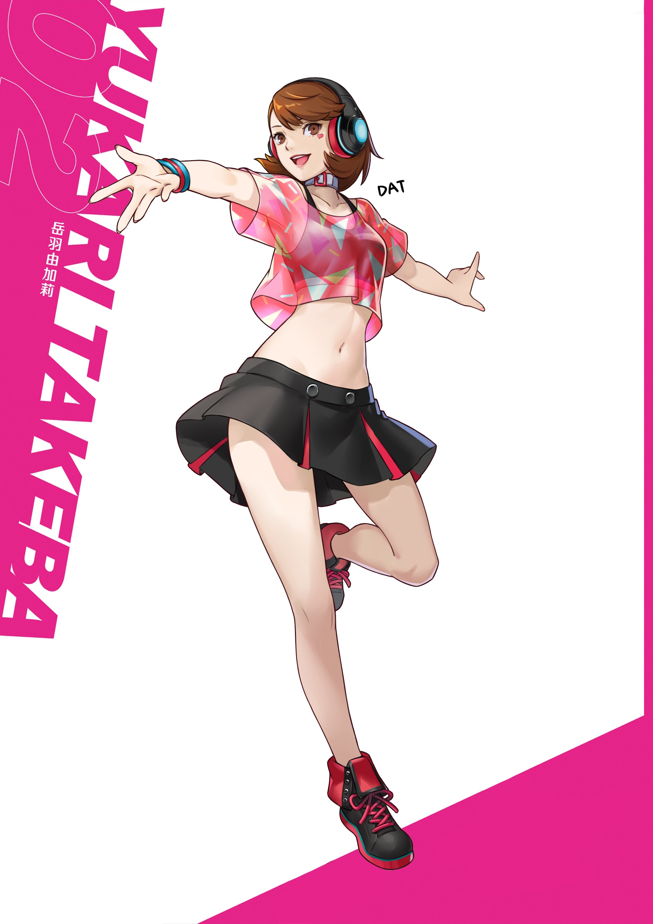 1girl absurdres artist_name bare_legs belt_buckle belt_collar black_shoes black_skirt black_tank_top breasts brown_eyes brown_hair buckle character_name choker collar collarbone commentary crop_top cropped_shirt da-cart dancing english_commentary facial_mark flipped_hair foot_up full_body headphones heart heart_facial_mark highres legs looking_at_viewer medium_hair midriff miniskirt navel official_alternate_costume open_hands open_mouth outstretched_arms outstretched_hand persona persona_3 persona_3:_dancing_moon_night persona_dancing pink_lips pink_shirt see-through_clothes see-through_shirt shirt shoes short_sleeves skirt smile sneakers solo standing standing_on_one_leg takeba_yukari tank_top teeth thighs upper_teeth_only white_choker wide_hips wristband