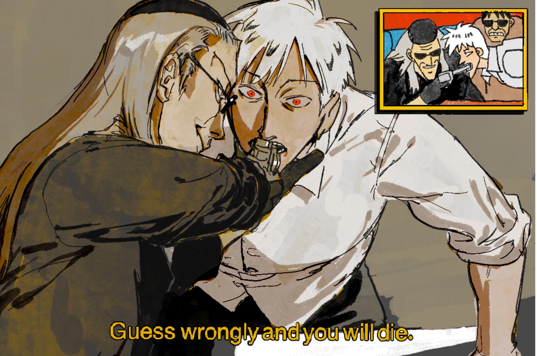 2boys akagi:_yami_ni_oritatta_tensai akagi_shigeru black_coat black_gloves black_headwear brown_background buttons coat commentary english_commentary english_text fukumoto_mahjong gloves grey_hair gun gun_in_mouth hair_slicked_back handgun highres holding holding_gun holding_weapon ichikawa_(akagi) leaning_forward long_hair multiple_boys open_mouth red_eyes reference_inset revolver russian_roulette shirt short_hair skullcap smile subtitled sunglasses upper_body watchoutfire weapon white_hair white_shirt