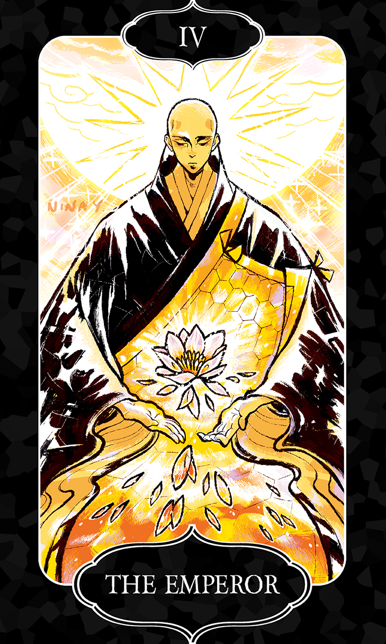 1boy bald black_border border card_(medium) closed_eyes expressionless floating_flowers flower highres houseki_no_kuni japanese_clothes kongou_sensei lotus male_focus petals signature solo tarot tarot_(medium) the_emperor_(tarot) upper_body wide_sleeves yoshida_nina